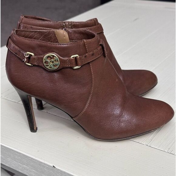 Coach Salene high heel ankle booties brown tan leather ginger 3.5 heel Size 8 - Picture 1 of 15